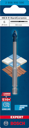 Förpackning för Bosch HEX-9 HardCeramic borr, 6 mm diameter, 90 mm längd. Märkt "Expert", "Long Life", "Carbide Technology".