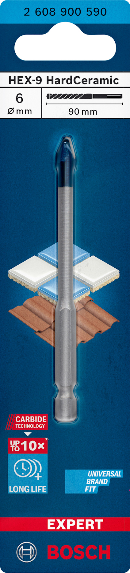 Förpackning för Bosch HEX-9 HardCeramic borr, 6 mm diameter, 90 mm längd. Märkt "Expert", "Long Life", "Carbide Technology".