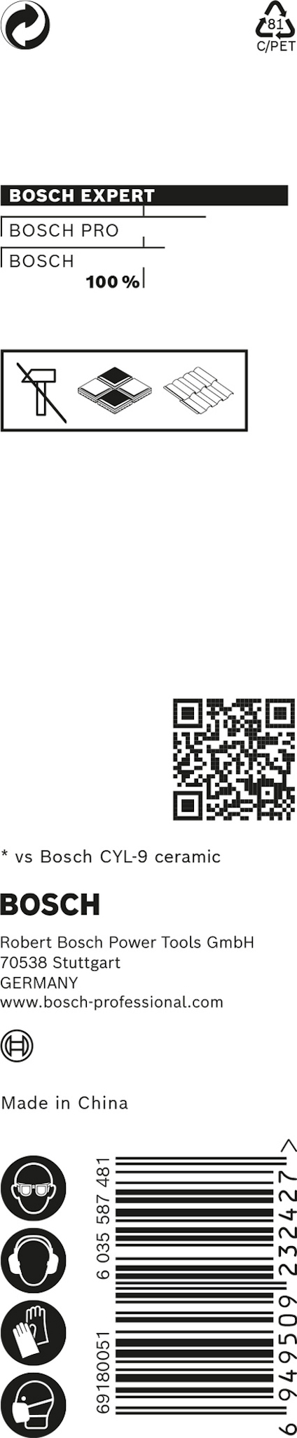 Förpackning med Bosch Expert kakelborr. QR-kod och streckkod nederst. Made in China.