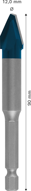 Borrspets med blå och silverfärgad design, 90 mm lång och 12 mm i diameter, med sexkantigt fäste.