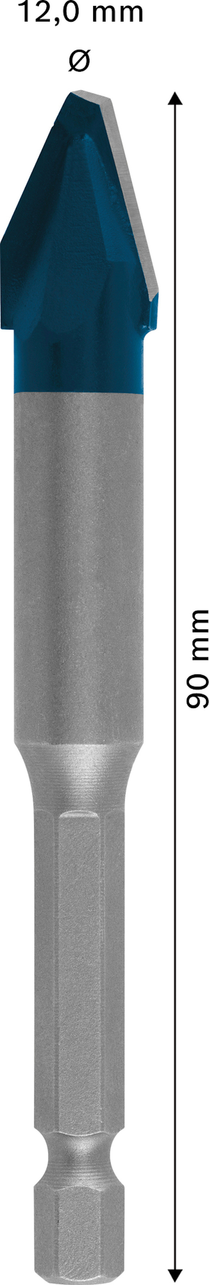 Borrspets med blå och silverfärgad design, 90 mm lång och 12 mm i diameter, med sexkantigt fäste.