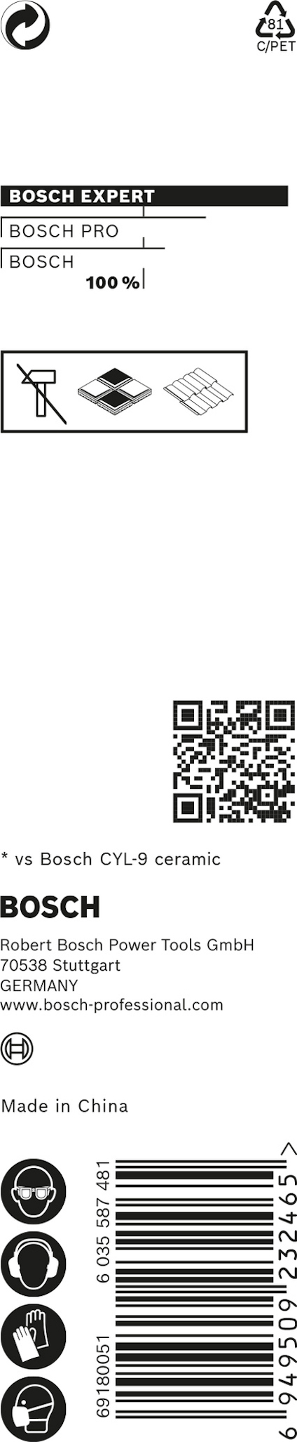 Förpackning för Bosch-borr med information och logotyper, text "Made in China", streckkod och kontaktinformation.