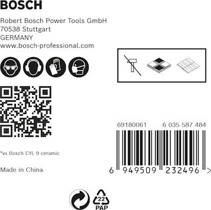 Robert Bosch Power Tools GmbH, Stuttgart, Germany. QR-kod och streckkod 6949509232496. Icons och PAP-symbol 22.