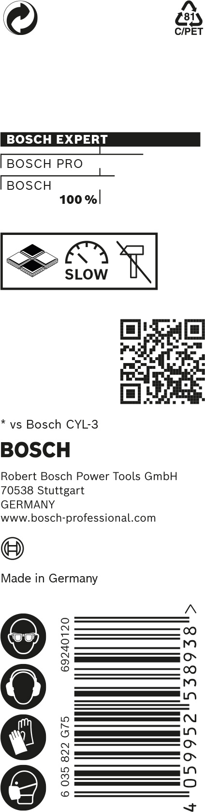 Förpackningsetikett för Bosch Expert borr tillverkad i Tyskland, med QR-kod och hållbarhetssymboler.