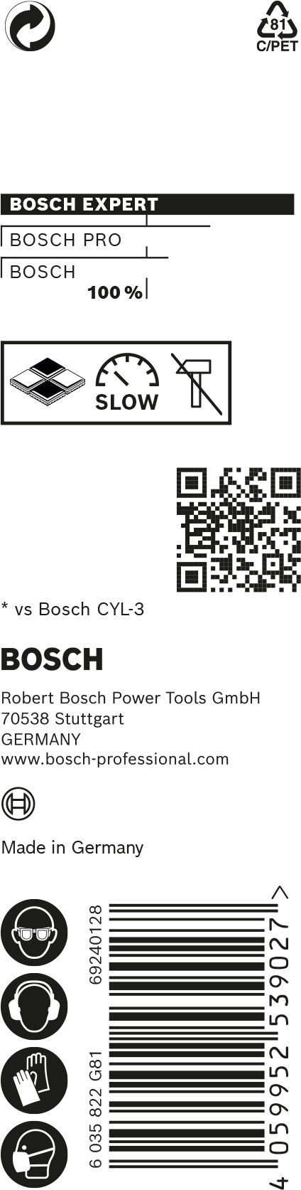 Förpackning med Bosch borrverktyg. Text inkluderar "BOSCH PRO", symboler för långsam hastighet och precision, QR-kod, streckkod.