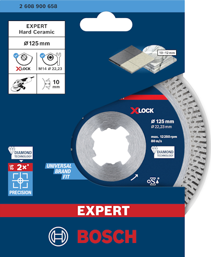 Förpackning för Bosch X-Lock kapskiva för hård keramik, 125 mm, max 12250 rpm.