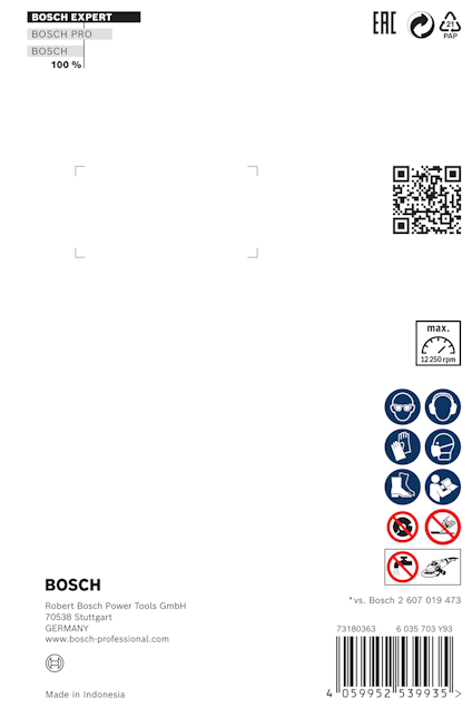 Förpackning med Bosch Expert-logotyp, QR-kod, säkerhetssymboler och produktinformation, tillverkad i Indonesien.