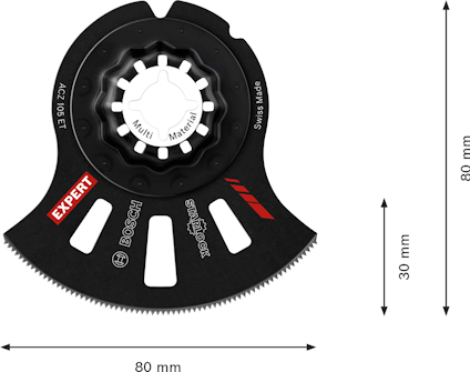 Svart cirkelsågklinga från Bosch med märkning "EXPERT" och "Multi Material", 80x80 mm.