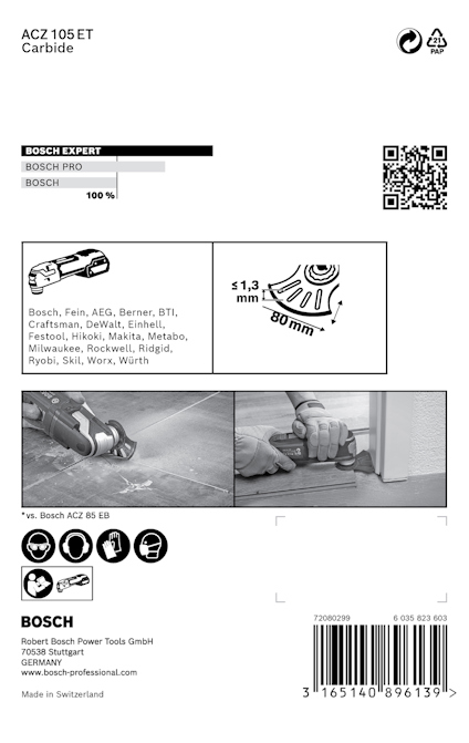 Förpackningsdesign med information om Bosch ACZ 105 ET Carbide. Innehåller logotyper, QR-kod och illustrationer av användning.