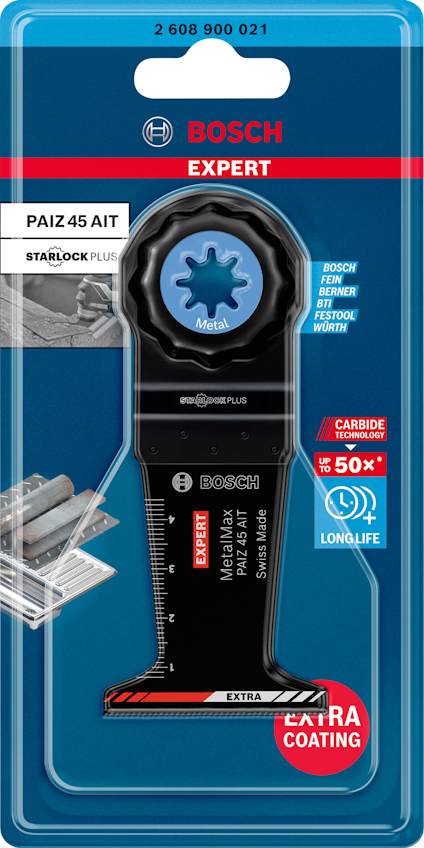 Blå förpackning innehållande Bosch Expert Starlock Plus sågblad, PAIZ 45 AIT Metal Max, med extra beläggning för lång hållbarhet.