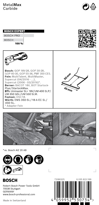 Förpackning med Bosch sågblad, visar specifikationer och bilder av användning, med text på flera språk.