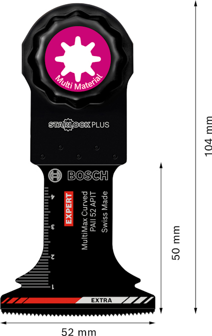 Multiverktygsblad Bosch Starlock Plus, längd 104 mm, bredd 52 mm, med markeringar och text "Multi Material", "EXPERT".