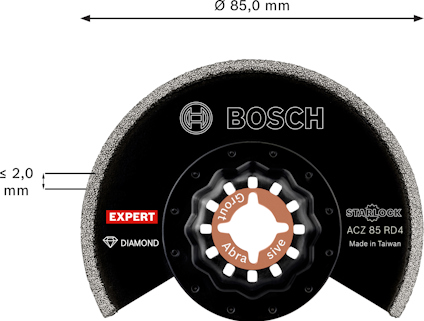 Halvrunt slipblad från Bosch med Starlock fattning, Ø 85,0 mm, ≤ 2,0 mm tjocklek, ordet "Diamond" och "Made in Taiwan".