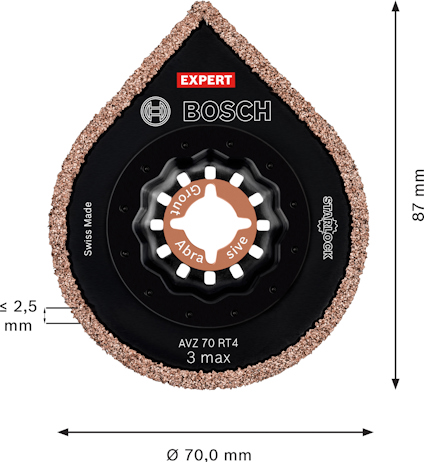 Slipplatta Bosch Expert AVZ 70 RT4 med mått 87 mm x 70 mm och tjocklek ≤ 2,5 mm.