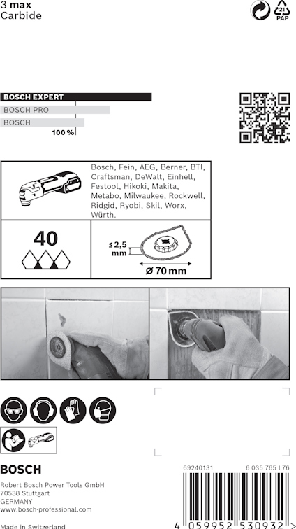 Förpackning för Bosch EXPERT 40 mm sågblad för flera olika varumärken och material, inkluderar en QR-kod.