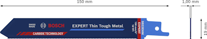 Vit verktygsblad med texten: "Bosch Expert Thin Tough Metal, Swiss Made, Carbide Technology, 150 mm".