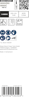 Förpackning med Bosch-expertborr, 150x19x1mm, 18 TPI. Innehåller streckkod och tillverkad i Schweiz.