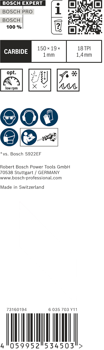 Förpackning med Bosch-expertborr, 150x19x1mm, 18 TPI. Innehåller streckkod och tillverkad i Schweiz.