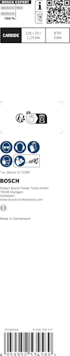 Förpackning med Bosch Expert kapskiva, 125 x 1,0 x 22,23 mm, metallkapning. QR-kod och tillverkningsland: Schweiz.