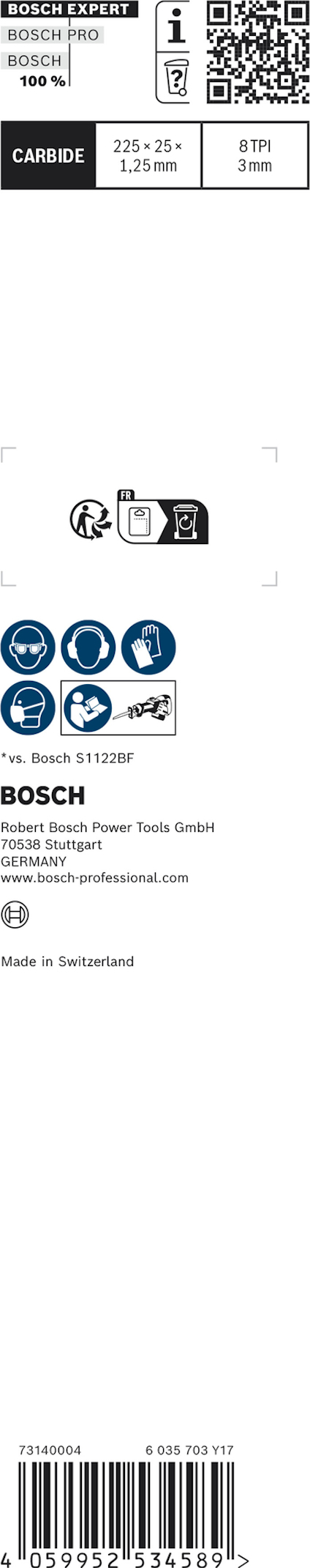 Förpackning med Bosch Expert kapskiva, 125 x 1,0 x 22,23 mm, metallkapning. QR-kod och tillverkningsland: Schweiz.