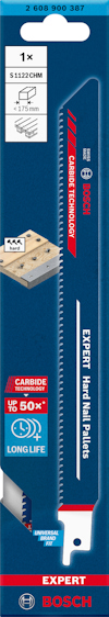 Förpackning med Bosch sticksågblad, modell S1120CM. Märkning för kapacitet i flera material och lång livslängd.