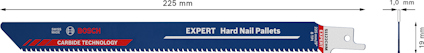 Sabelsågblad, "BOSCH EXPERT Hard Nail Pallets", 225 mm lång, 1 mm tjock, med blå och röd tryckt text.