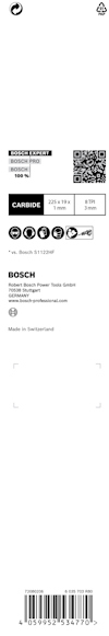 Vit förpackning med text: "23-75 mm Carbide 23-5 mm," QR-kod, Bosch-logotyp, och streckkod. Tillverkat i Schweiz.