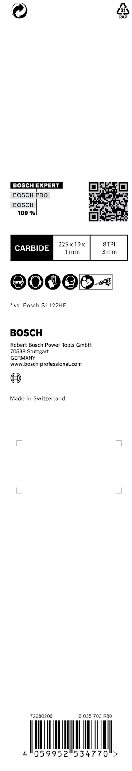 Vit förpackning med text: "23-75 mm Carbide 23-5 mm," QR-kod, Bosch-logotyp, och streckkod. Tillverkat i Schweiz.