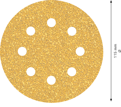 Rundt sandpapper med åtta hål, 115 mm i diameter.