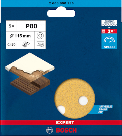 Förpackning med 5 stycken P80 sandpapper från Bosch, 115 mm diameter. Märkt med "EXPERT" och illustration av träslipning.
