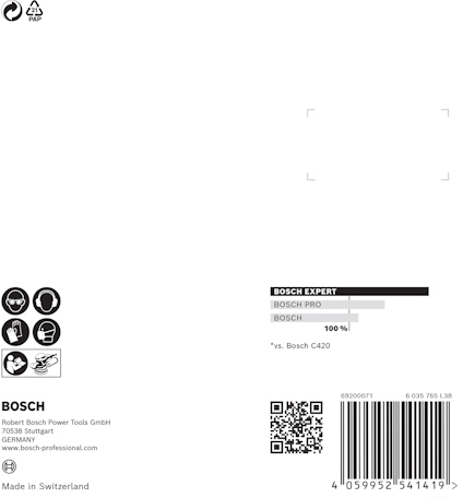 Förpackning med logotyper, streckkod och text: "BOSCH C420", "100 st.", "Made in Switzerland". Bosch och CE-märkning syns också.