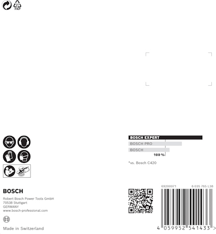 Förpackning med etiketter och logotyper för Bosch Power Tools. QR-kod och streckkod syns längst ner.