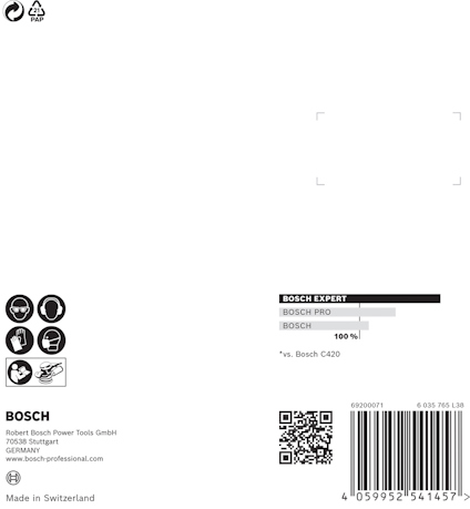 Förpackning till hörselproppar Bosch Expert C420, med piktogram och QR-kod.