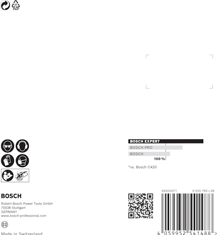 Förpackning med Bosch Expert och QR-kod. Innehåller varningssymboler och företagsinformation. Tillverkad i Schweiz.