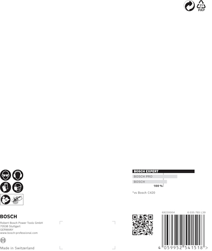 Förpackning med etiketter, Bosch-märke, QR-kod och streckkod. Text inkluderar "BOSCH EXPERT", "100 st.", "Made in Switzerland".