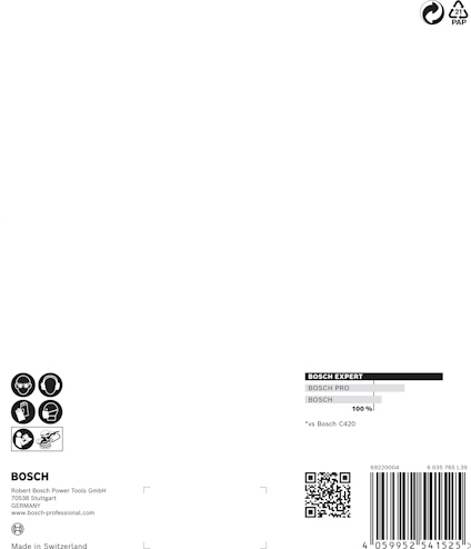 Förpackning för Bosch C420 slipskivor med QR-kod och teknisk information.