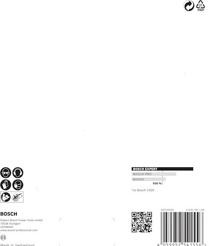 Förpackning med Bosch Expert C420 bakpapper, text och symboler för återvinning och tillverkning i Schweiz.