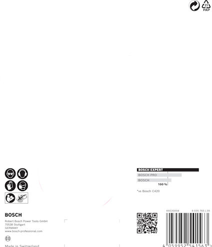 Vit förpackning med Bosch-logotyp, QR-kod nederst och text: "Bosch Expert", "C420", "100", "Made in Switzerland".
