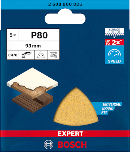 Förpackning med Bosch slippapper P80, storlek 93 mm, 5-pack, med "Surface Structure" och "Universal Brand Fit".
