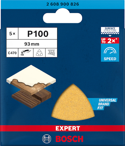 Förpackning med Bosch-sliprondeller P100, 93 mm, 5 st, för träbearbetning, universell passform.