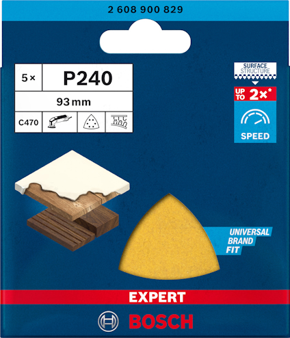 Förpackning med 5 triangulära sandpapper, kornstorlek P240, för Bosch. Passar slipmaskiner, snabbare slipning.