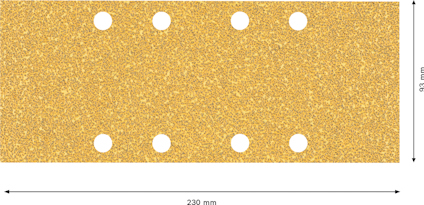 Rektangulärt sandpapper med åtta hål. Mått: 230 mm x 93 mm.