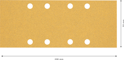 Rektangulär sandpapperbit med sex runda hål. Mått: 230 mm x 93 mm.