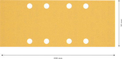 Rektangulärt sandpapper med sex runda hål. Måttangivelser: 230 mm bredd och 93 mm höjd.