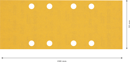 Rektangulärt sandpapper med åtta runda hål, måtten 230 mm x 93 mm.
