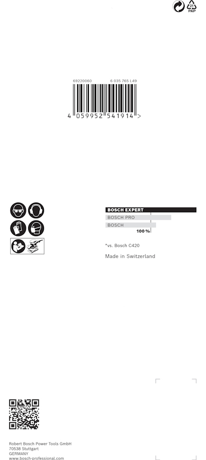 Vit kartongetikett med streckkod, QR-kod, text "BOSCH PFK114", "C420", "Made in Switzerland" och olika symboler.