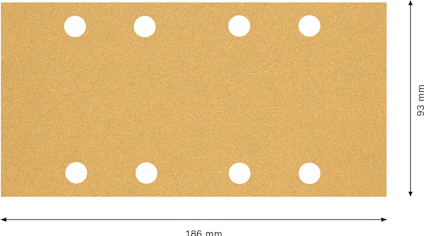 Rektangulärt sandpapper med åtta runda hål. Dimensioner: 186 mm x 93 mm.