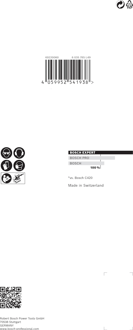 Förpackning med streckkod, Bosch Pro logo och "C420" text. Tillverkningsland: Schweiz.