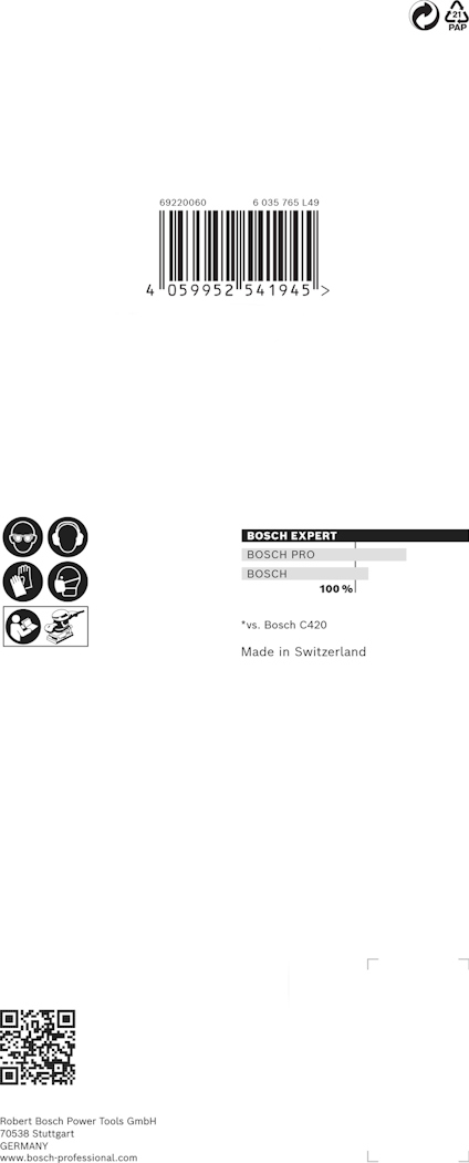 Förpackning för Bosch P940, med streckkod, symboler och text: "Made in Switzerland" och företagsinformation.