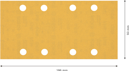 Rektangulärt sandpapper, guldfärgat, med sex hål. Mått: 186 mm x 93 mm.